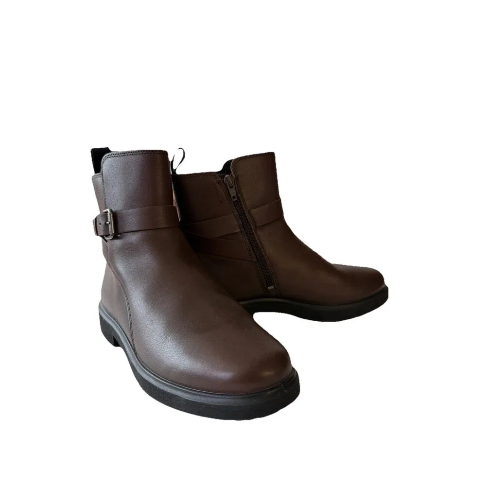 ECCO Amsterdam Buckle Ankle Boot Brown Leather Size 8-8.5 Moto Womens Round Toe